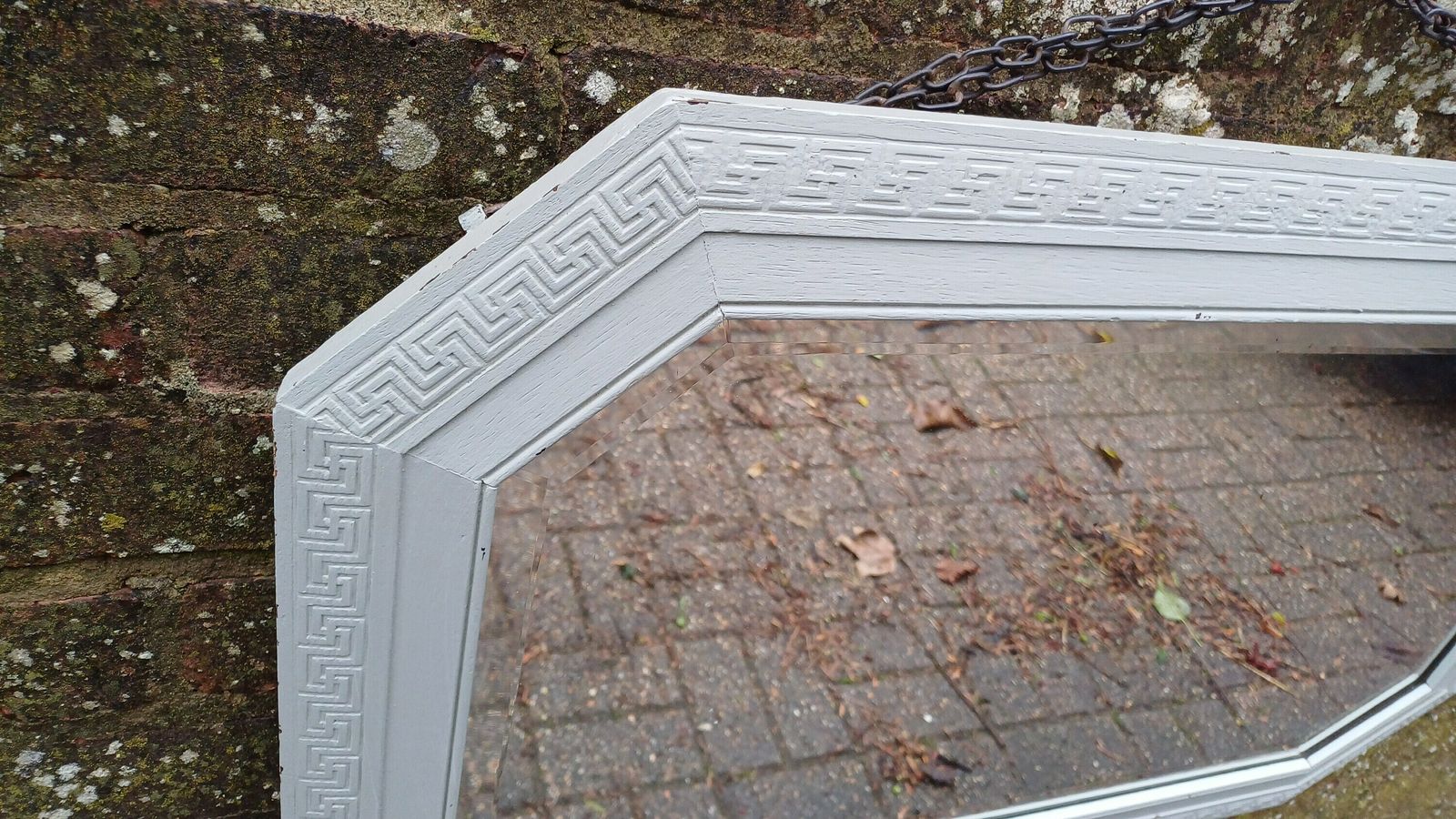 Bespoke Upcycled Large Light Green Painted Hexagonal Quality Oak Mirror. 1930s. Bevelled Glass. photo 145.0