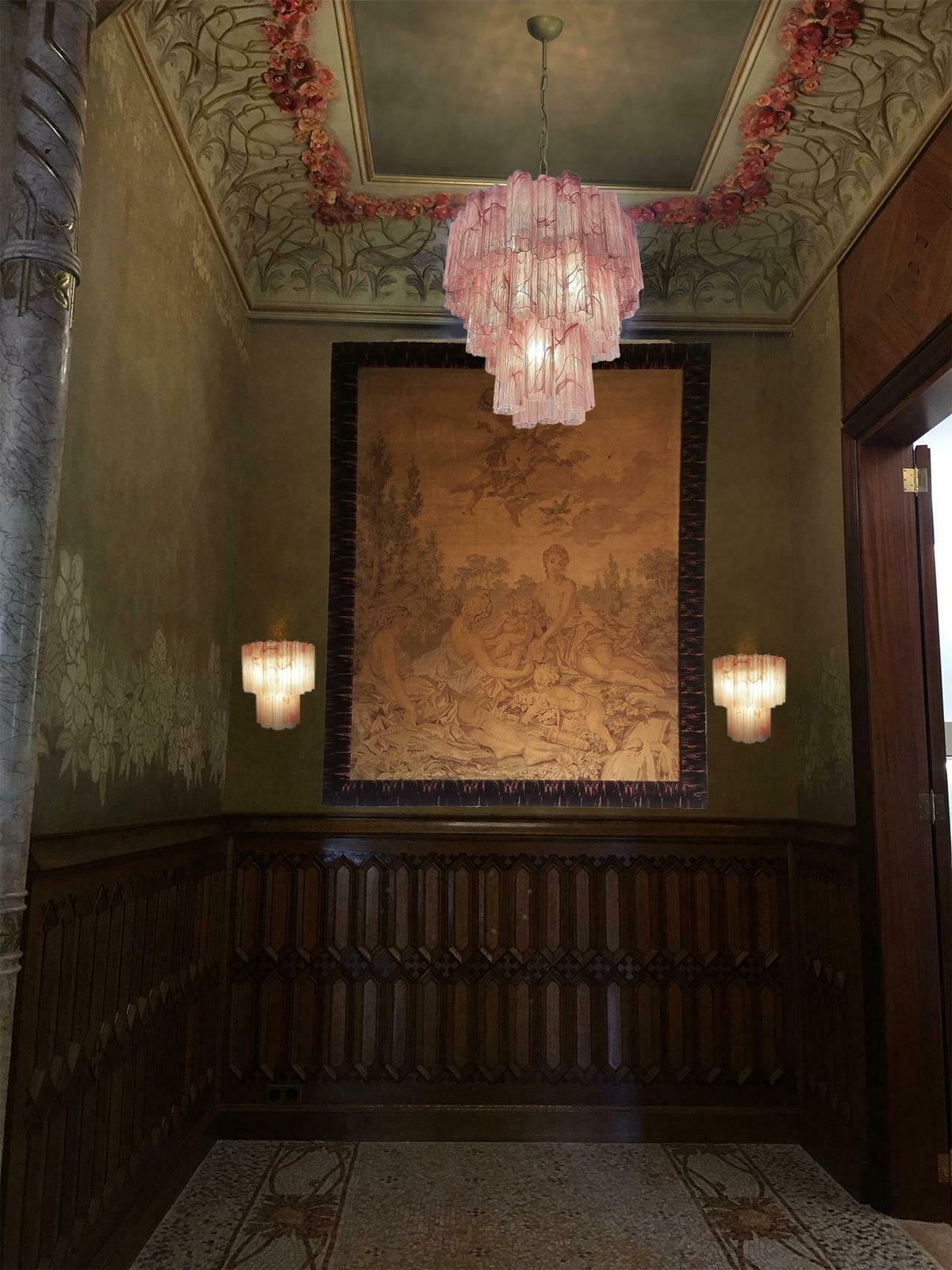 photo for sale Pair Murano Glass Chandeliers, Pink Alabaster