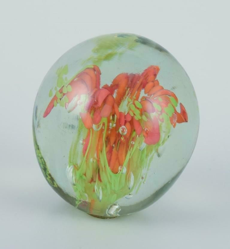 Scandinavian Glass Artist. Three Paperweights In Art Glass. Flower Motifs. photo 192.0