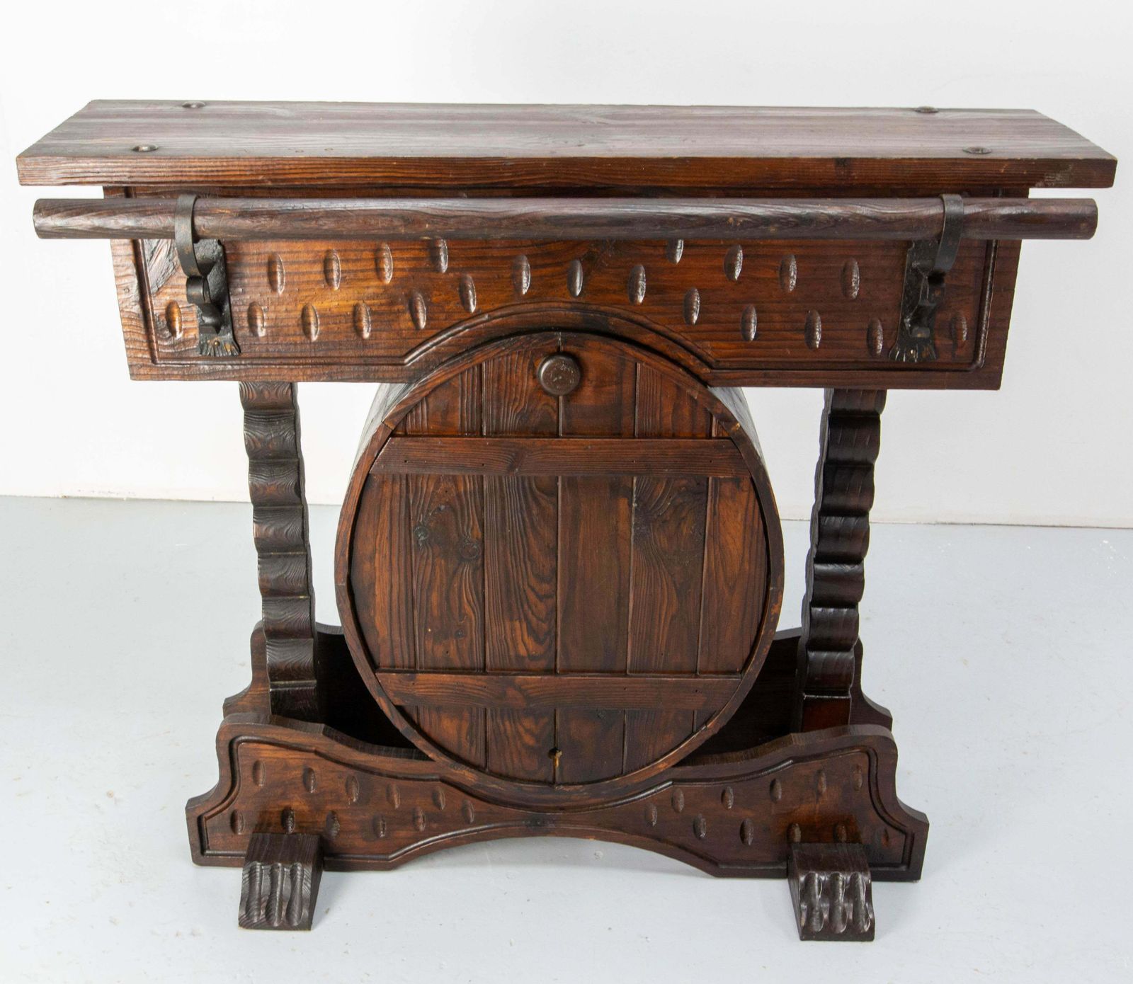 Spanish Vintage Barrel Bar Cocktail Furniture Pine Tree Wrought Iron Mid Century photo furniture