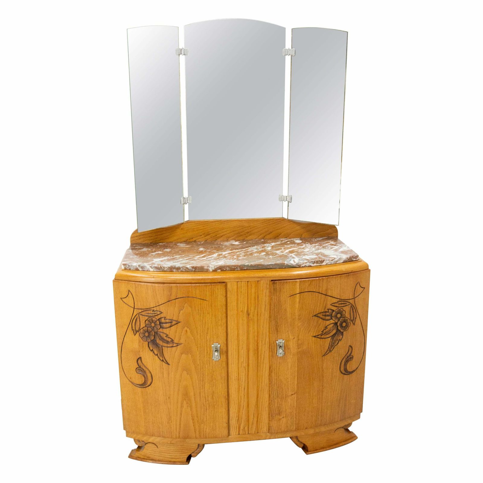 French Midcentury Oak Marble Dressing Table Vanity Unit With Three Panel Mirror