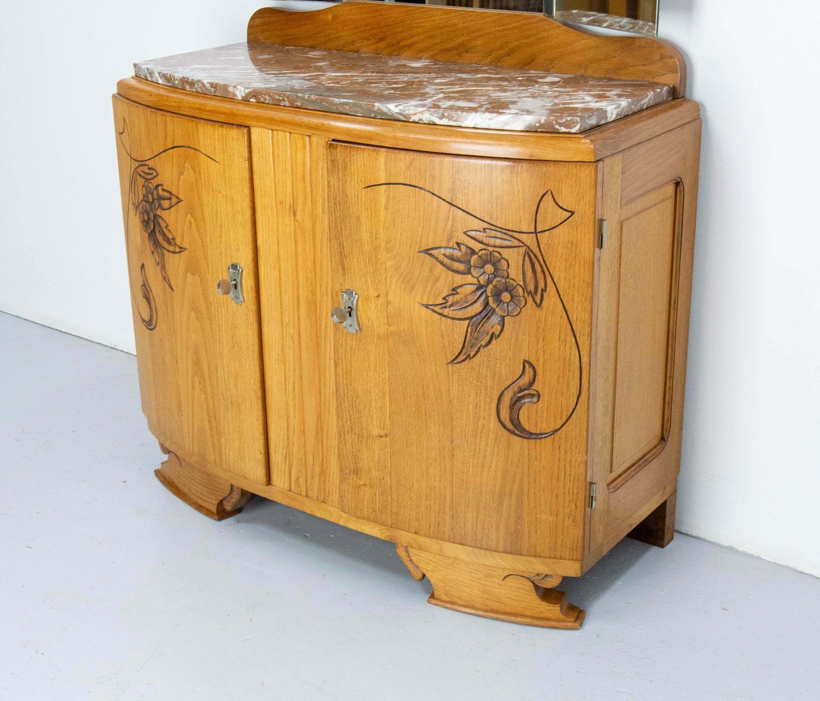 French Midcentury Oak Marble Dressing Table Vanity Unit With Three Panel Mirror photo vinterior