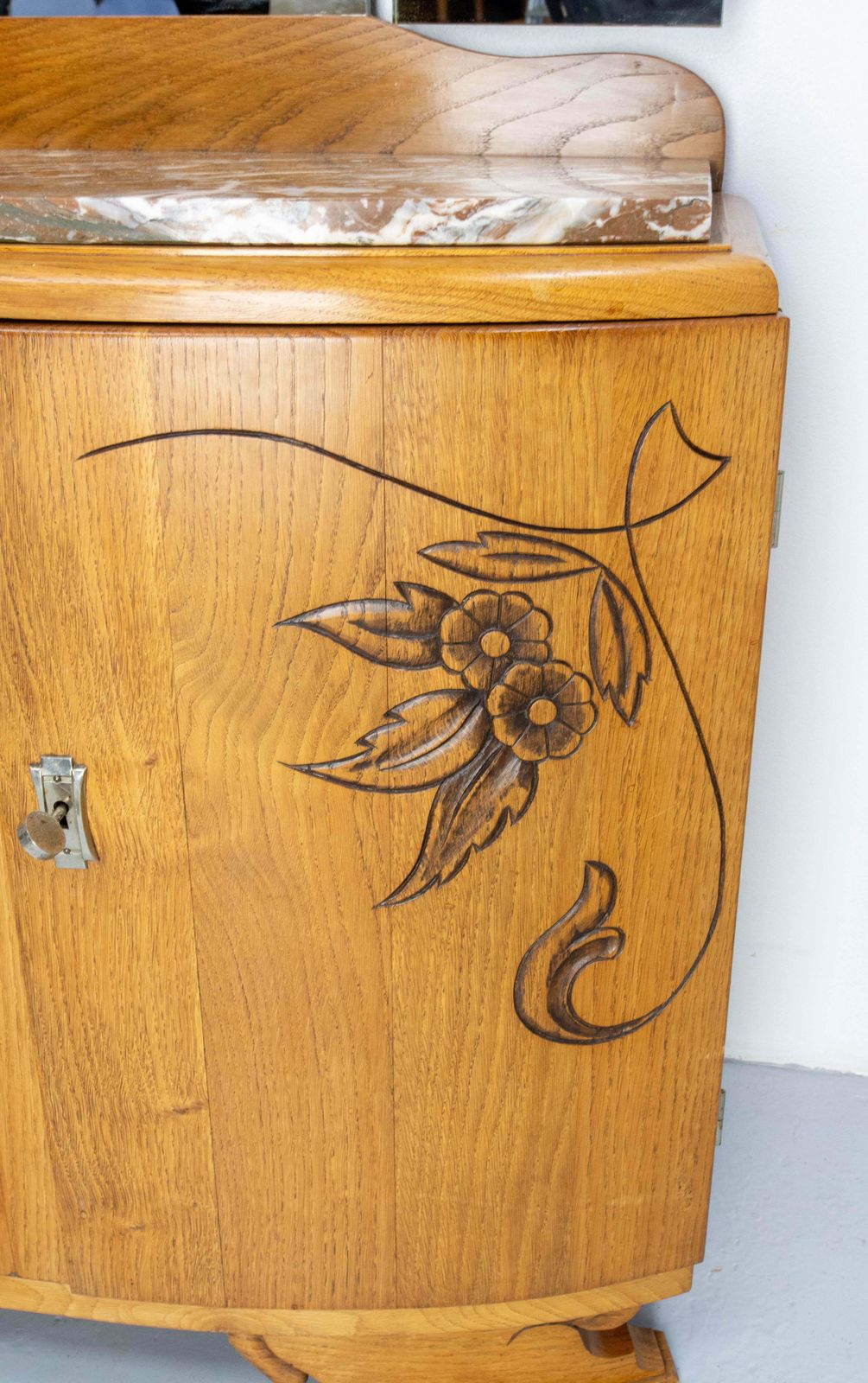 photo for sale French Midcentury Oak Marble Dressing Table Vanity Unit With Three Panel Mirror