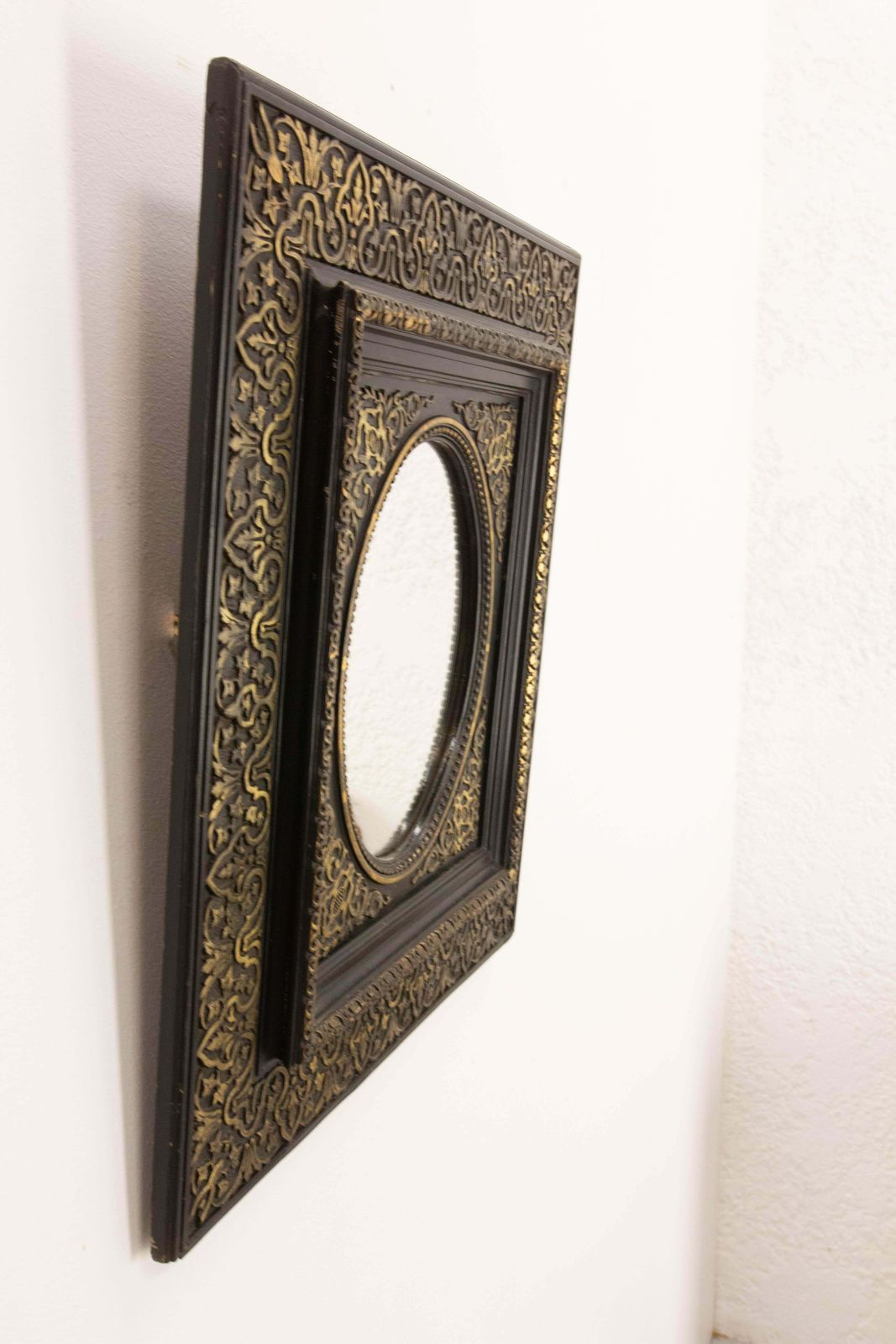 French Stucco & Wood Napoleon III Wall Mirror Golden & Black Oriental St, C 1880 photo furniture