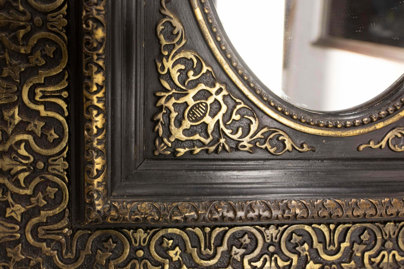 French Stucco & Wood Napoleon III Wall Mirror Golden & Black Oriental St, C 1880 photo Home Decor