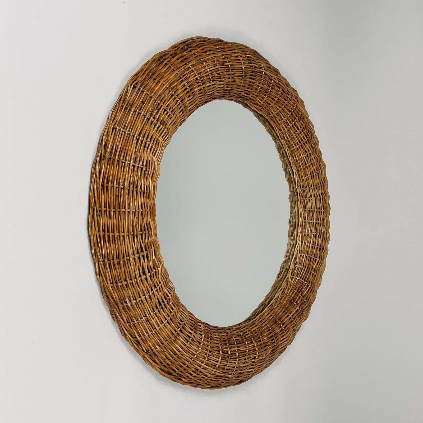 Riviera Style Round Woven Rattan Mirror, France 1950s photo for sale