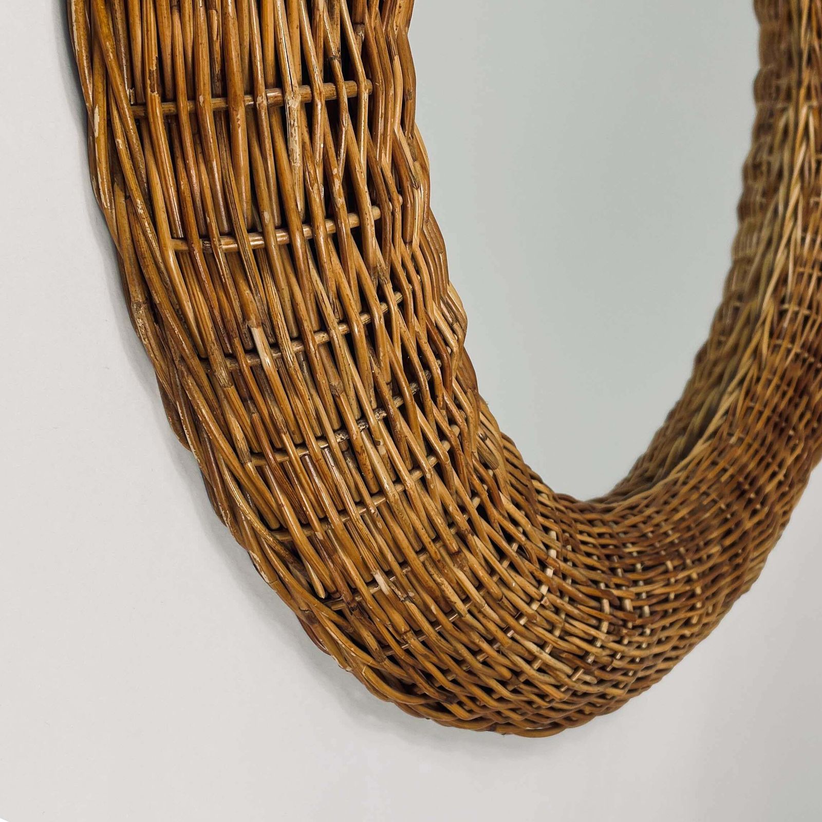 Riviera Style Round Woven Rattan Mirror, France 1950s photo vinterior