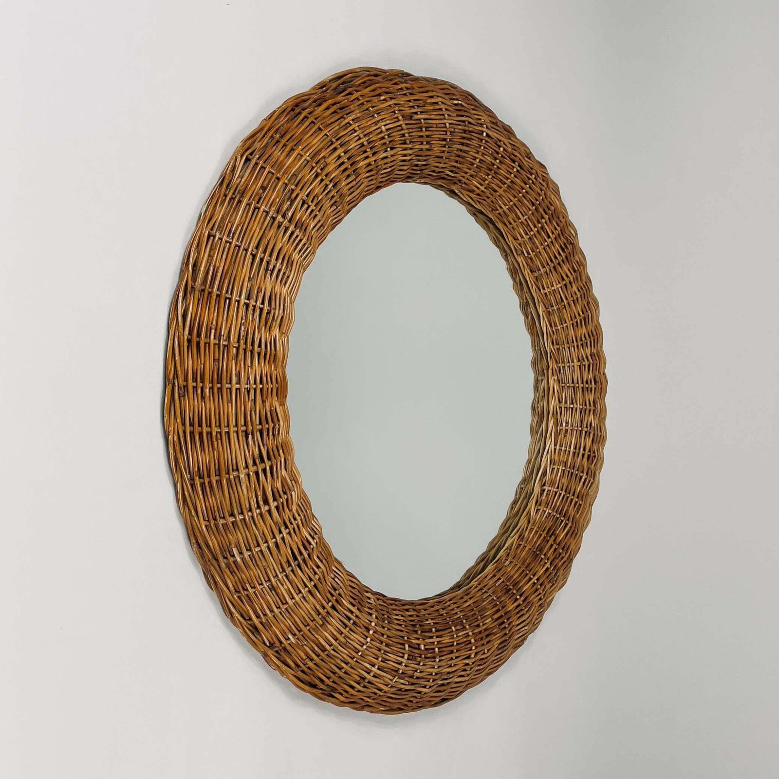 photo for sale Riviera Style Round Woven Rattan Mirror, France 1950s