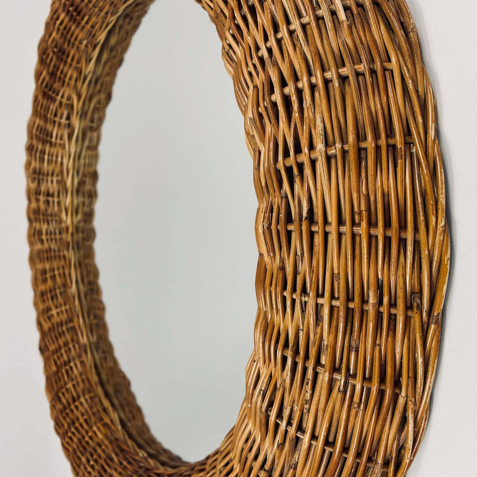 photo vinterior Riviera Style Round Woven Rattan Mirror, France 1950s