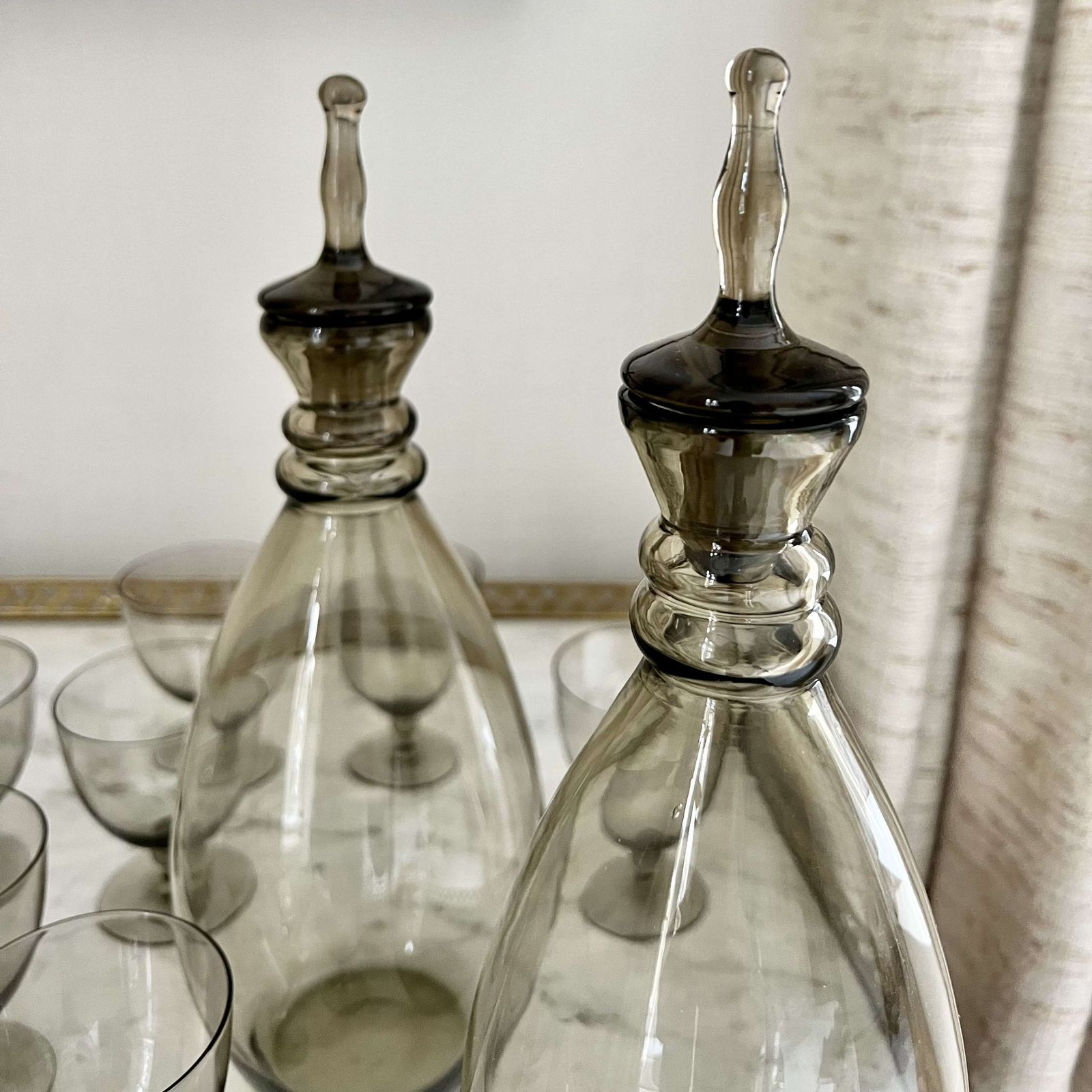 photo for sale Pair Scandinavian Smoked Decanters & 10 Glasses Suite