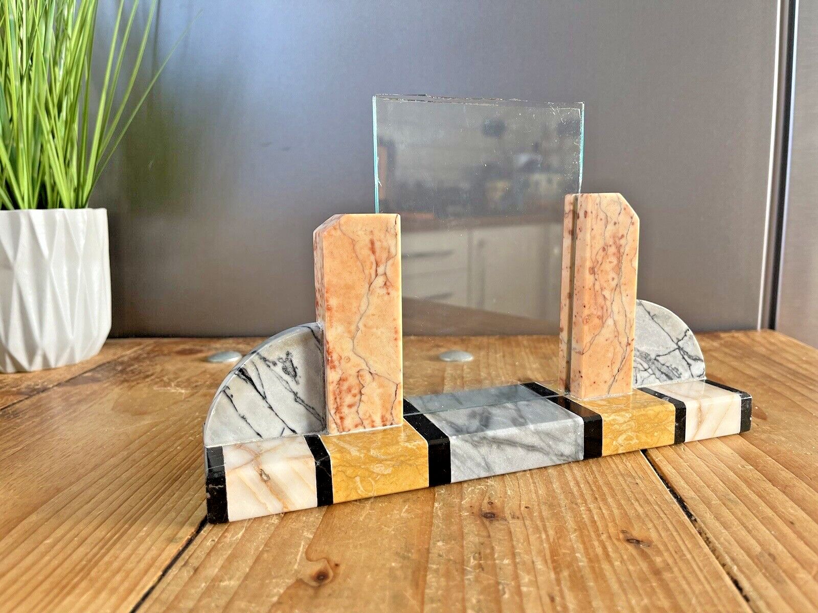 Antique Arched Art Deco French Marble Glass Desk Mantel Photo Picture Frame 30's photo for sale