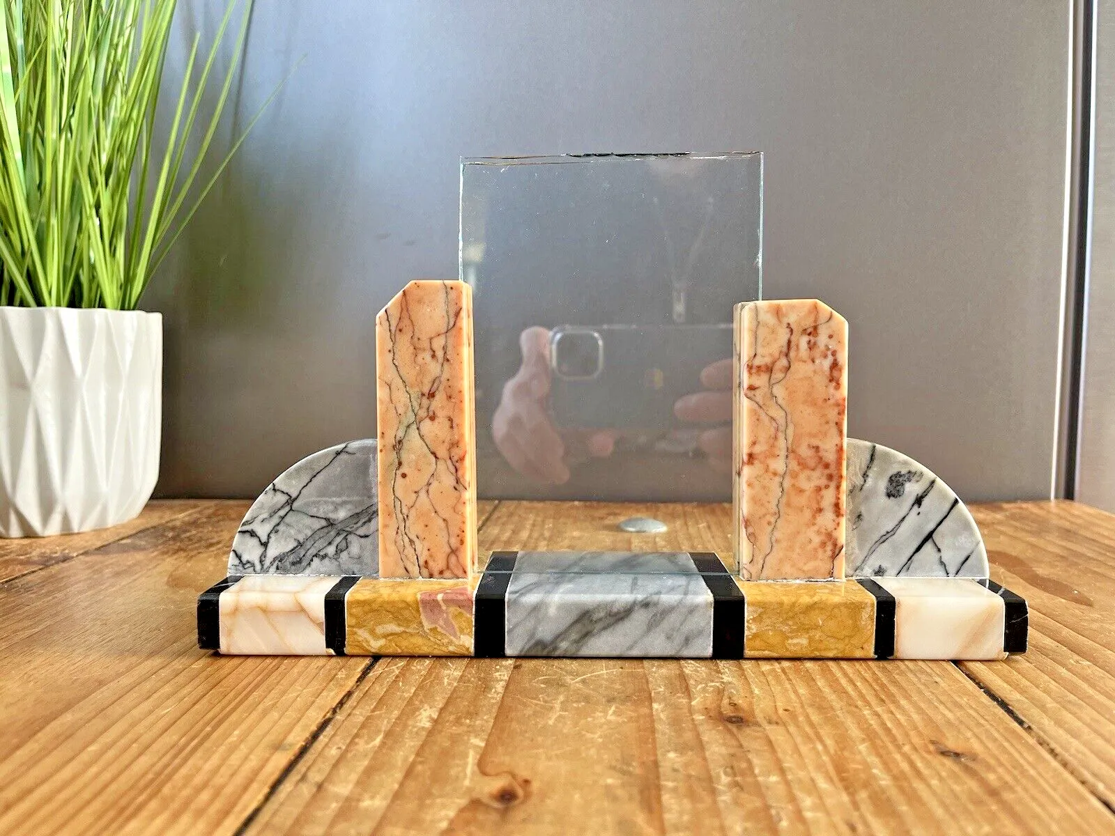 Antique Arched Art Deco French Marble Glass Desk Mantel Photo Picture Frame 30's photo vinterior