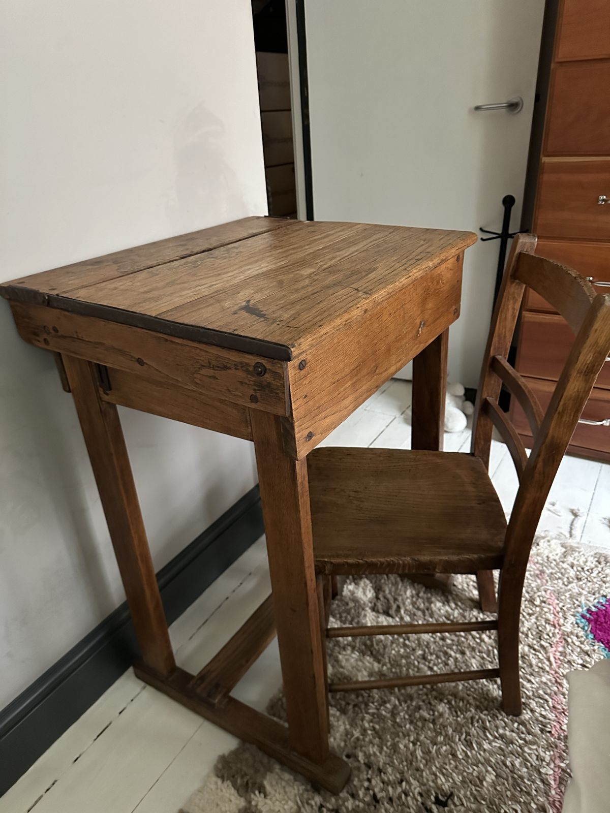 Vintage Mid 1900s French School Desk With Chair In Oak photo for sale