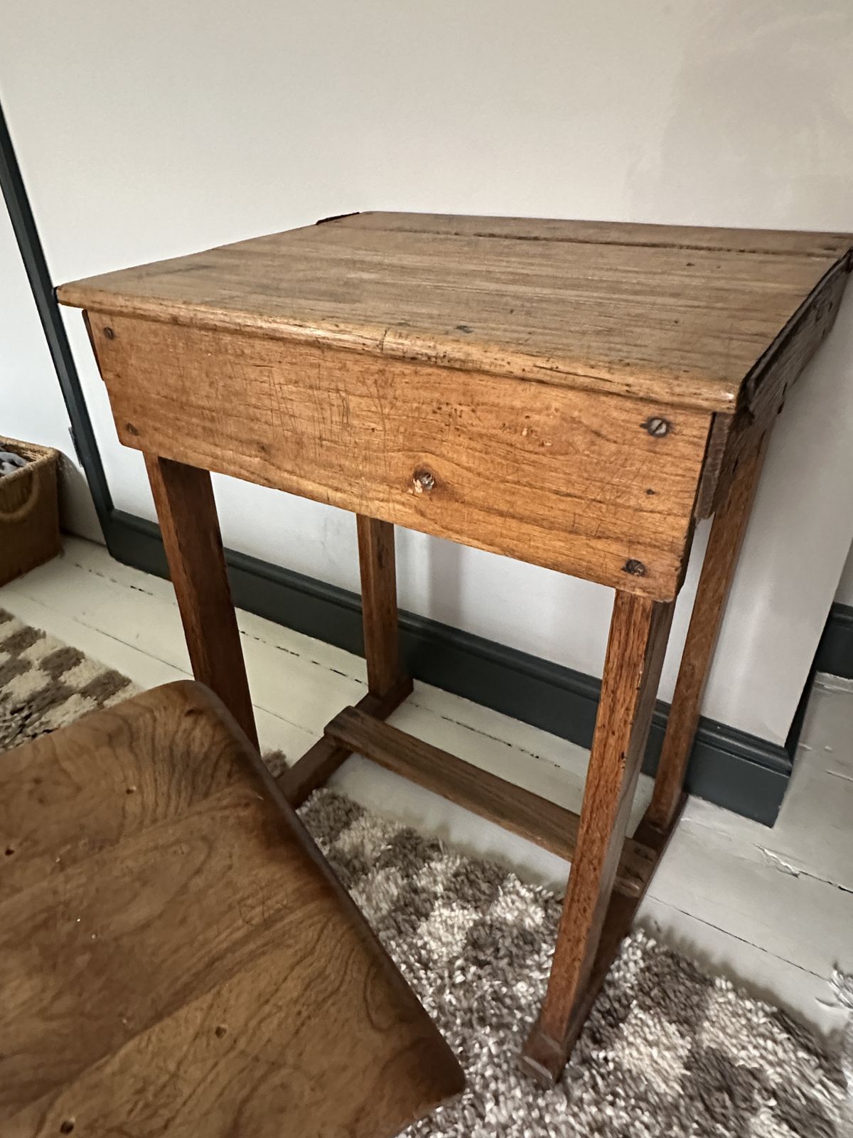Vintage Mid 1900s French School Desk With Chair In Oak photo Furniture