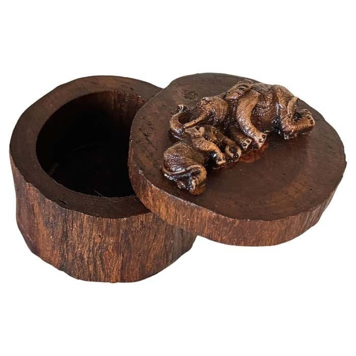 Decorative And Jewelry Box In Wood With Carved Elephants France 1970