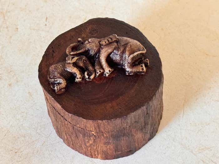 Decorative And Jewelry Box In Wood With Carved Elephants France 1970 photo for sale