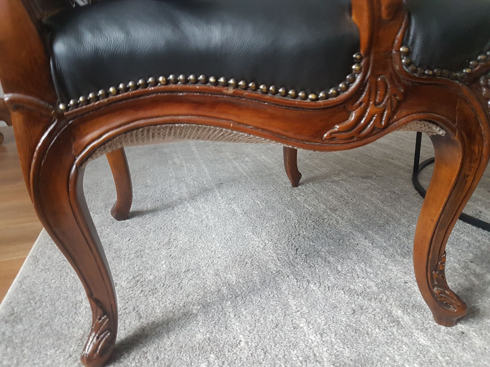 A Pair Of Armchairs   Late 19th/Early 20th Century, Black Leather, Metal Studs, Carved Wood photo Furniture
