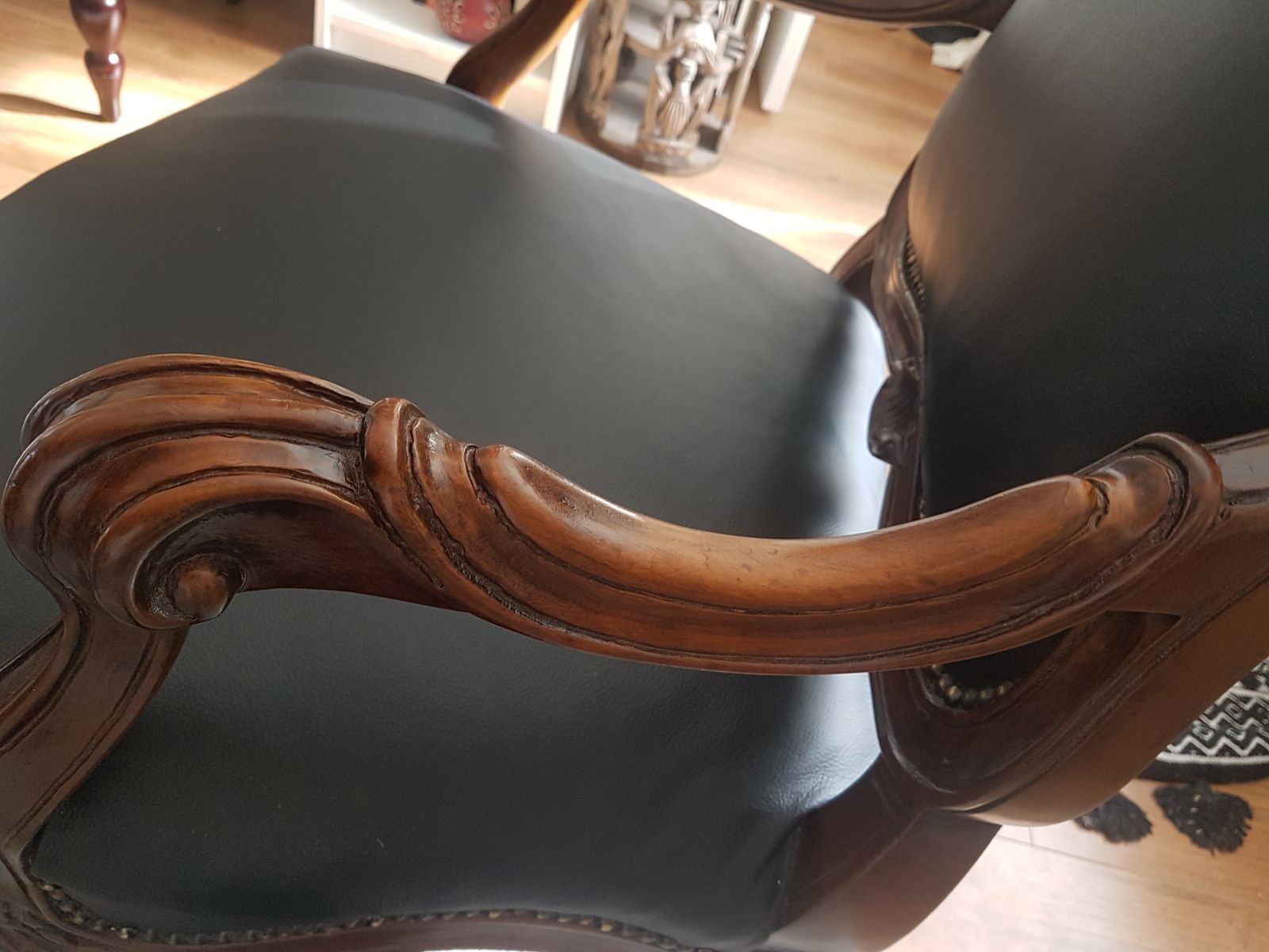 A Pair Of Armchairs   Late 19th/Early 20th Century, Black Leather, Metal Studs, Carved Wood photo 600.0