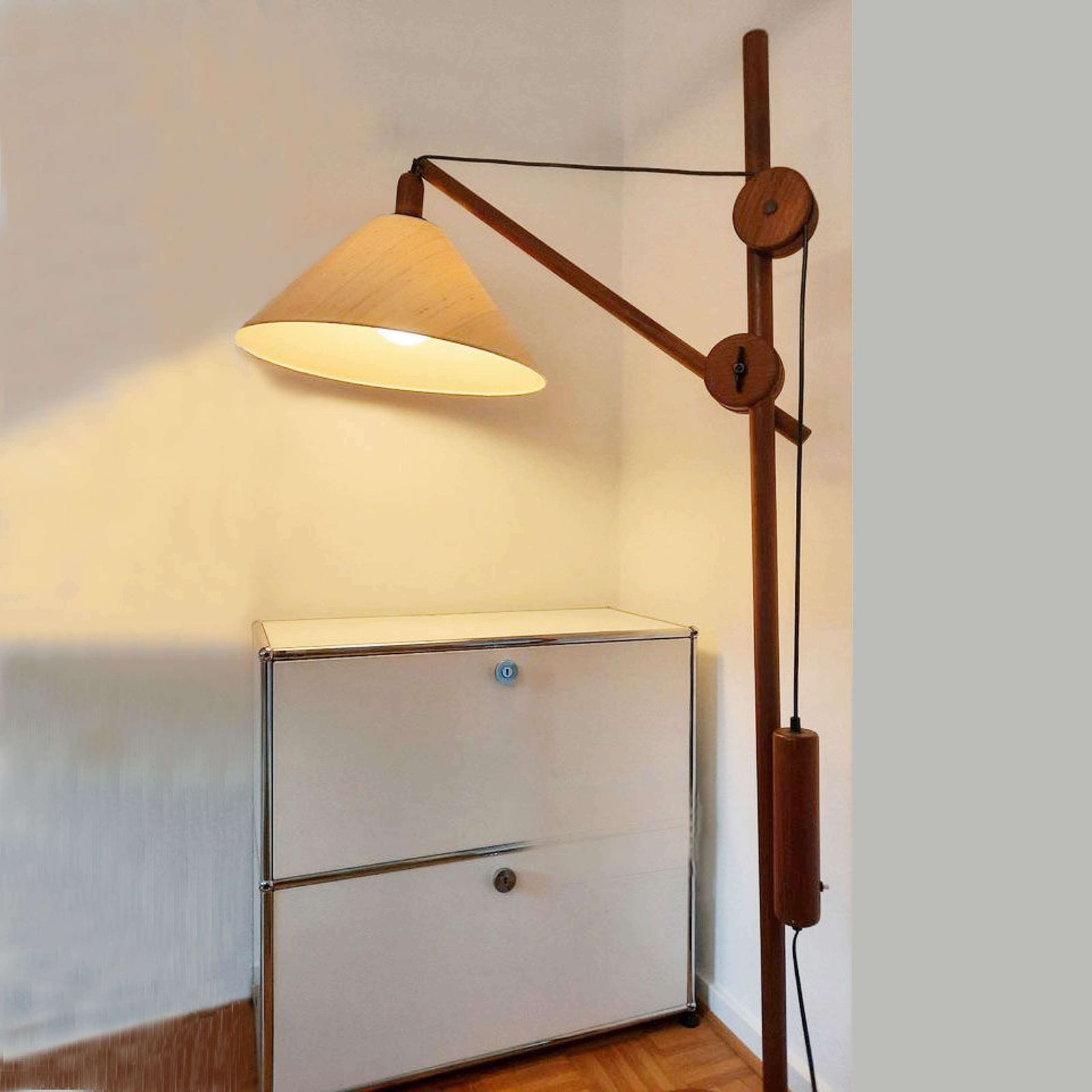 Scandinavian Teak Counter Balance Floor Lamp With Silk Shade photo vinterior