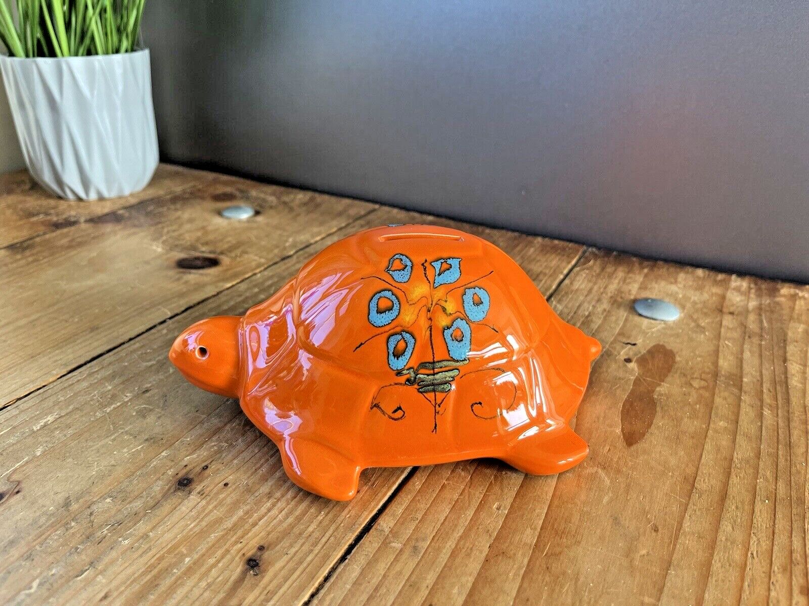 Superb 60's Bright Orange Floral Italian Sica Sicart Pottery Tortoise Money Box