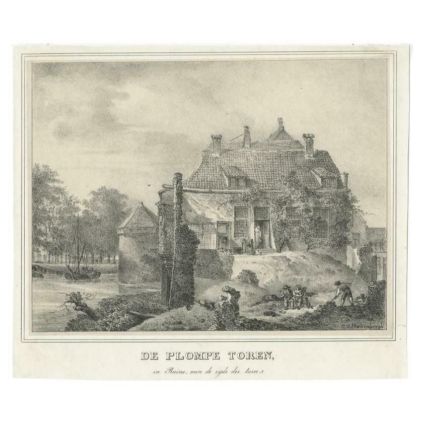 Antique Print Of The 'Plompetoren' In Utrecht By Houtman, C.1830