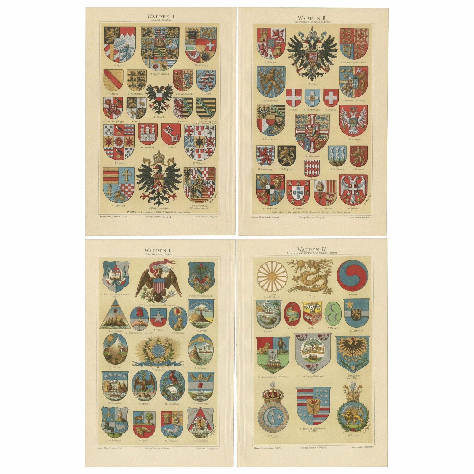 Set Of 4 Antique Print Of Coats Of Arms Of German States, America And Others