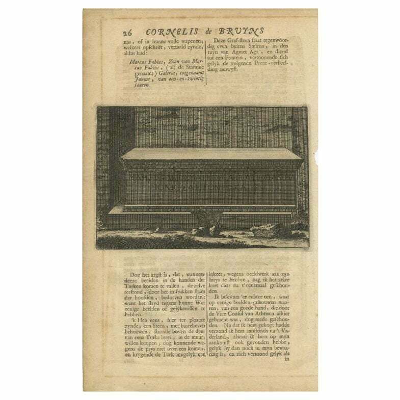 Antique Print Of A Tombstone In Smyrna (1698)