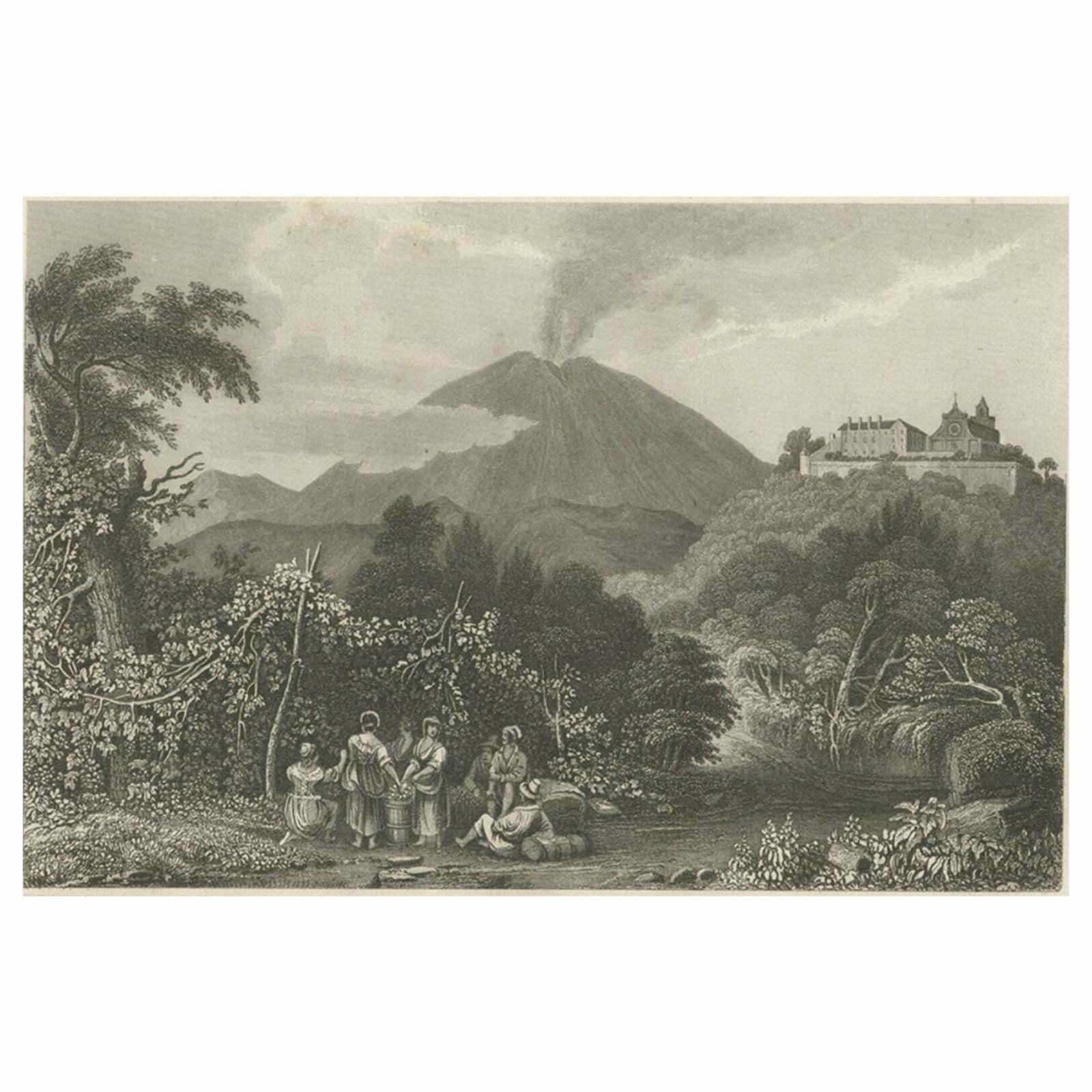 Antique Print Of Monastery St Angelo Near Naples In Italy, 1837