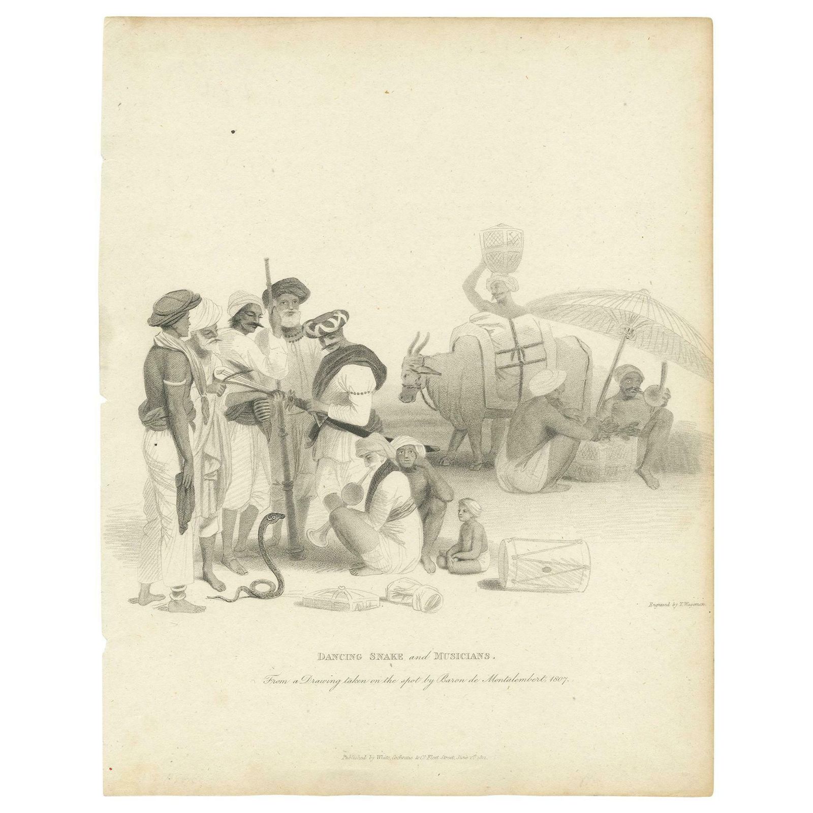 Antique Print Of A Snake Charmer And Musicians By Wageman, 1812