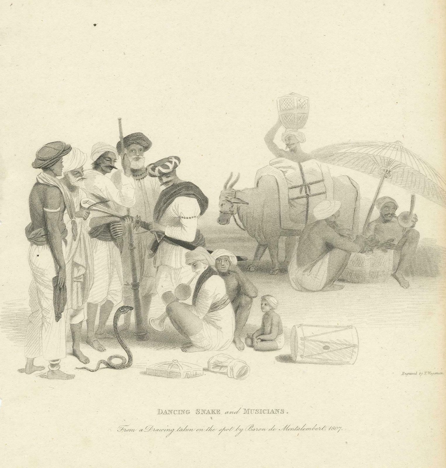 Antique Print Of A Snake Charmer And Musicians By Wageman, 1812 photo furniture