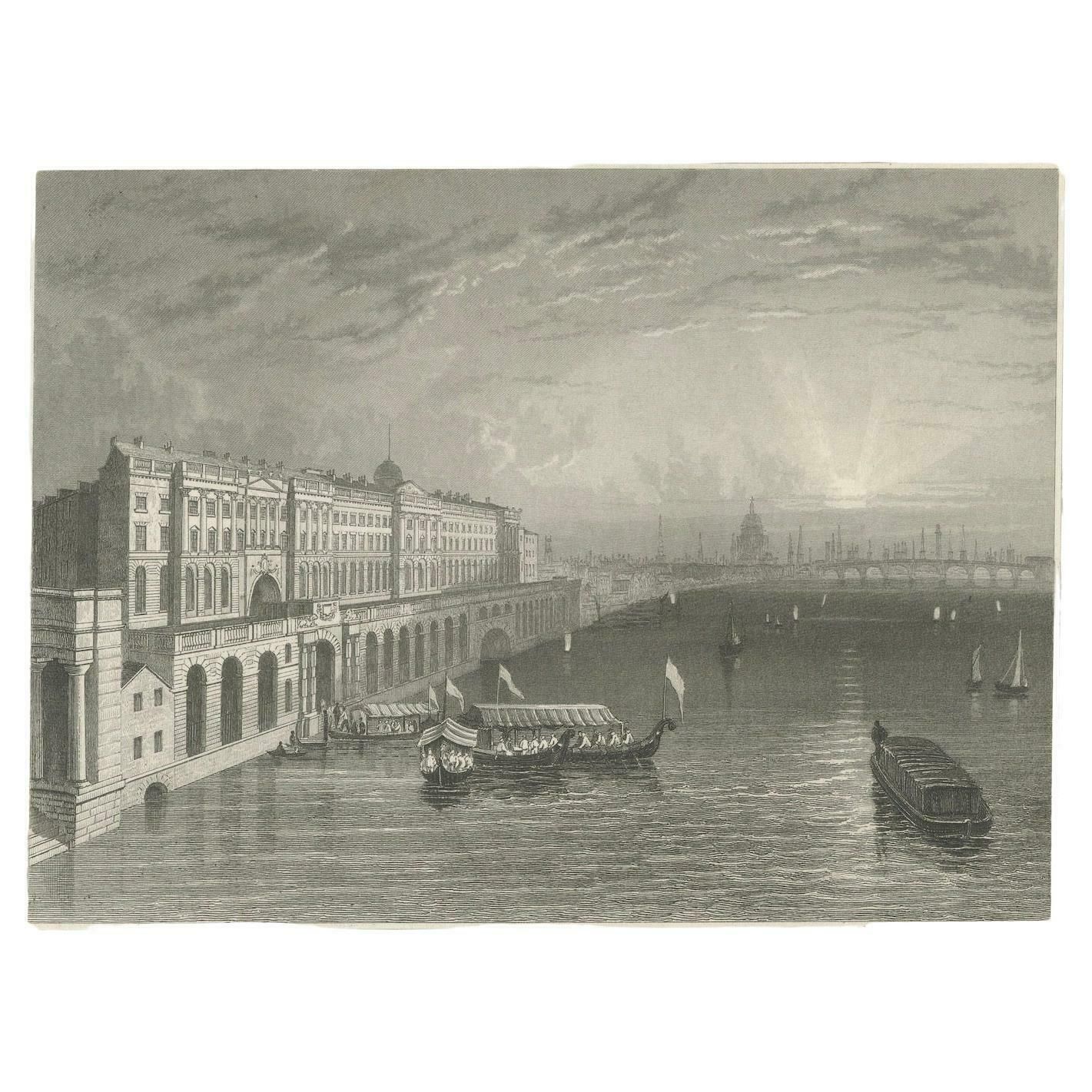 Thames Embankment And The Grandeur Of Somerset House: A Steel Engraving, 1835 photo Art