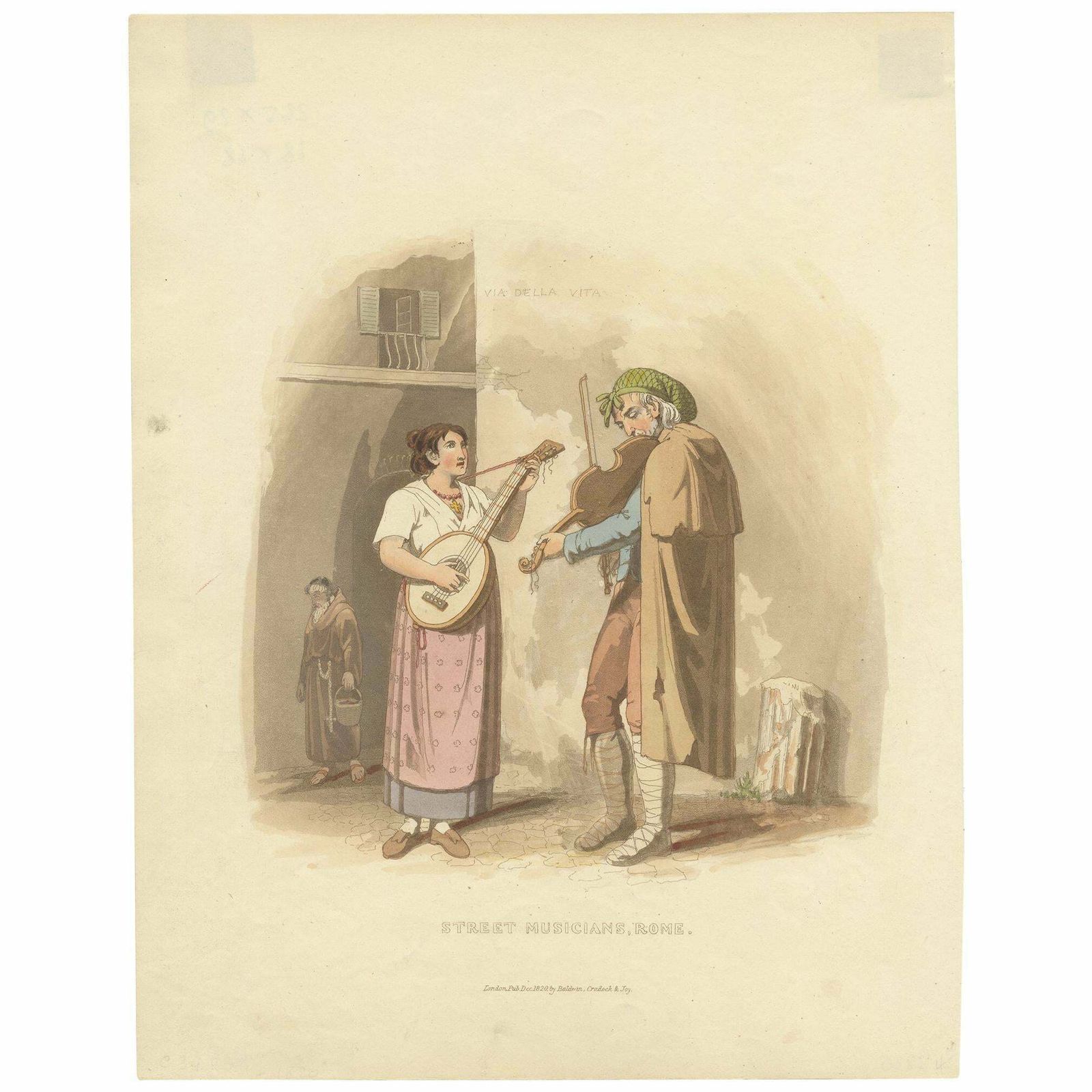 Antique Print Of Street Musicians In Rome By Baldwin, 1820