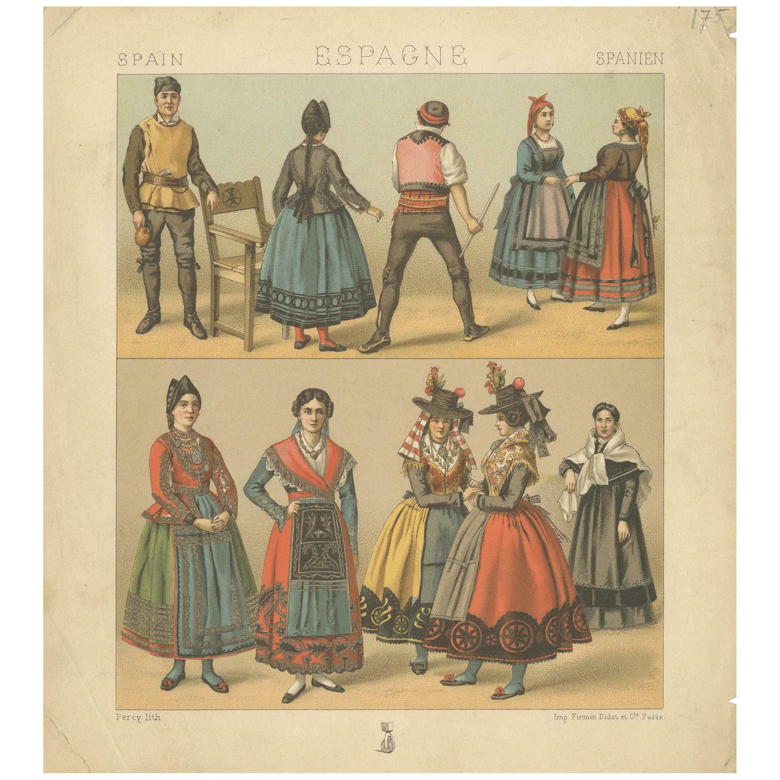 Pl. 175 Antique Print Of Spanish Costumes By Racinet, 'Circa 1880'