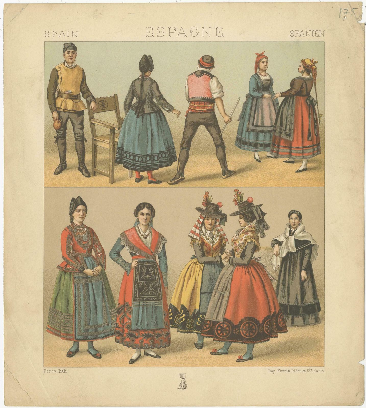 Pl. 175 Antique Print Of Spanish Costumes By Racinet, 'Circa 1880' photo furniture