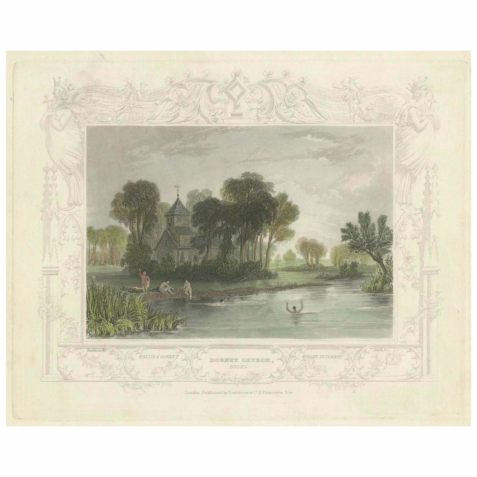 Hand Colored Engraving Of Dorney Church In Buckinghamshire, England, 1835