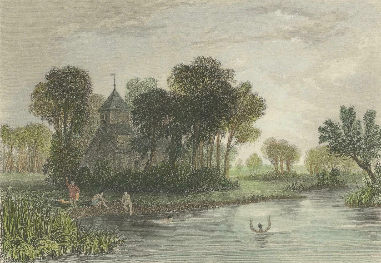 Hand Colored Engraving Of Dorney Church In Buckinghamshire, England, 1835 photo 98.0