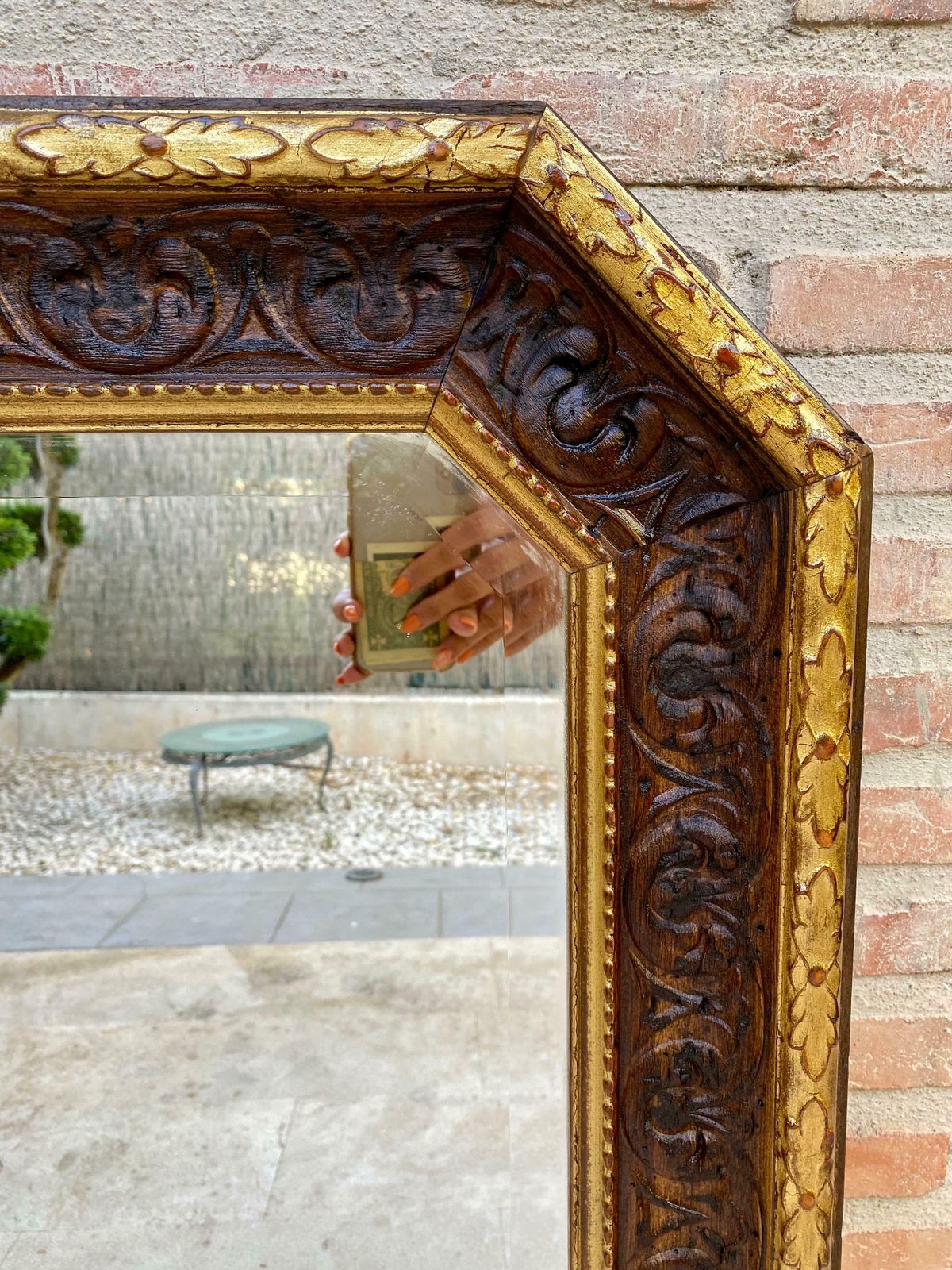 Octogonal Wall Mirror With Carved Gold Wooden Frame, 1940s photo for sale