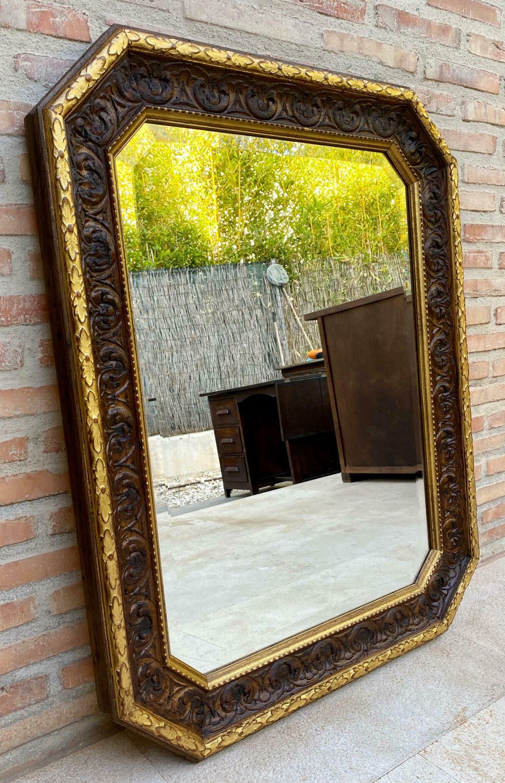 Octogonal Wall Mirror With Carved Gold Wooden Frame, 1940s photo vinterior