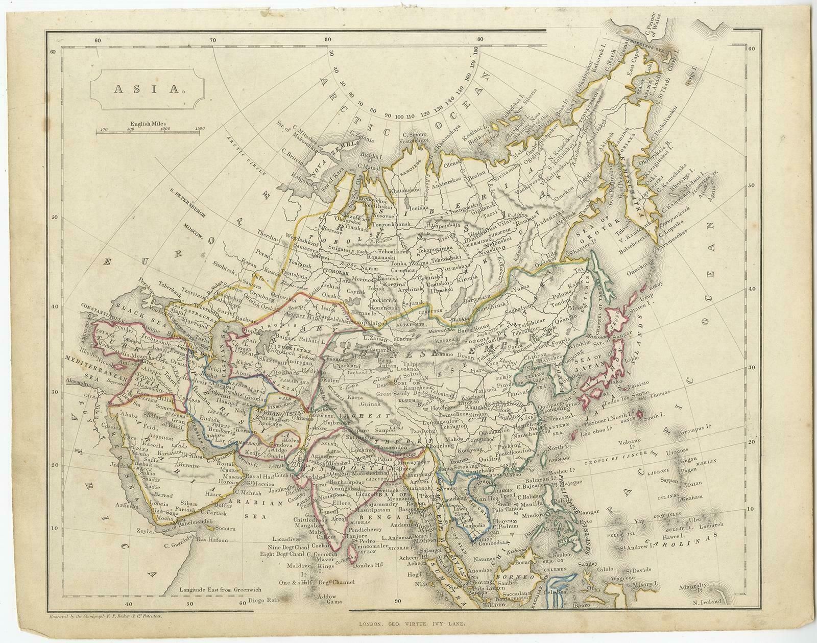 Antique Steel Engraved Map Of Asia, C.1860 photo furniture