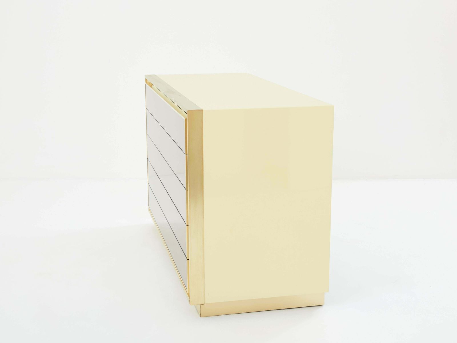 Maison Jansen Cream Lacquer Brass Mirrored Chest Of Drawers 1970s photo vintage