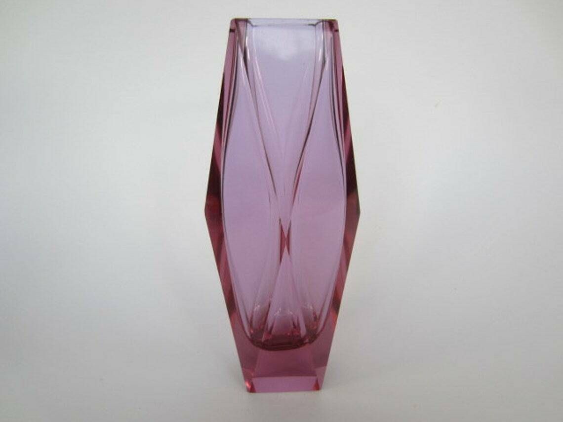Murano Diamond Facet Pink Alexandrite Vase Mid Century Art Glass