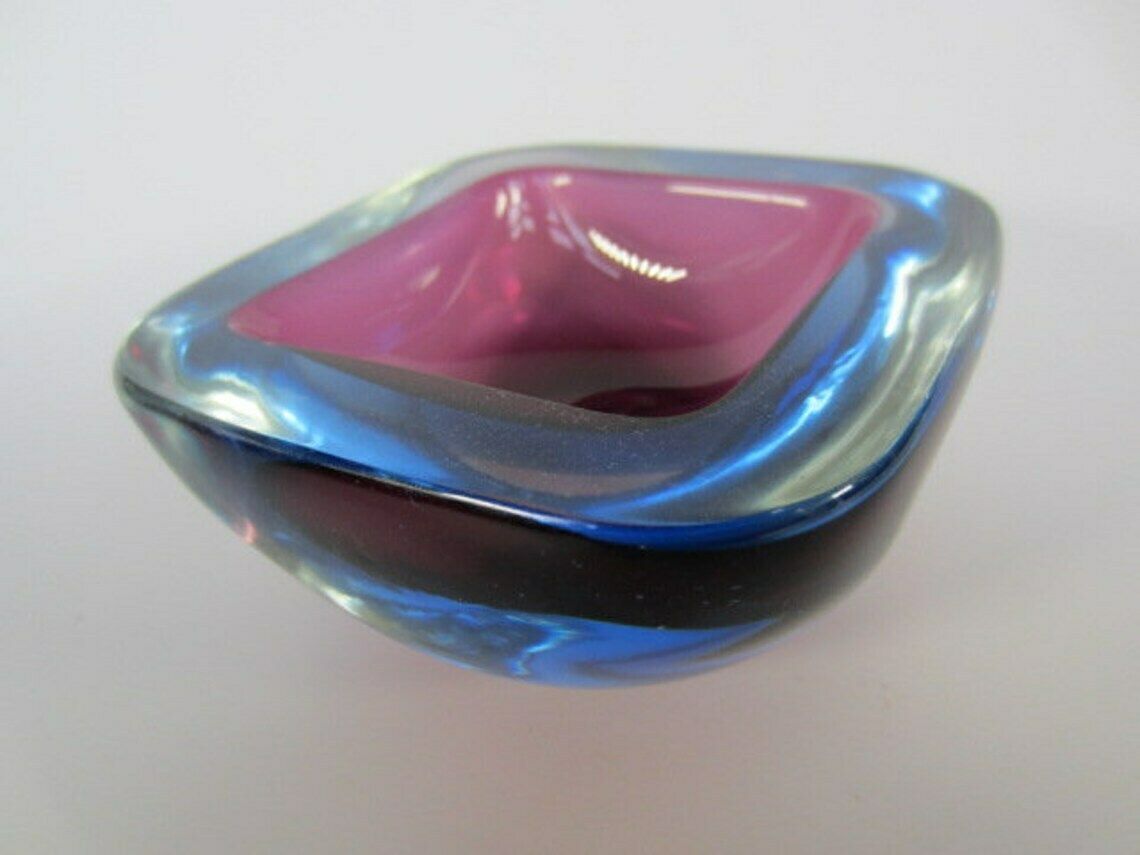 Murano Poli Seguso Era Square Art Glass Geode Bowl Sommerso Purple And Blue photo for sale