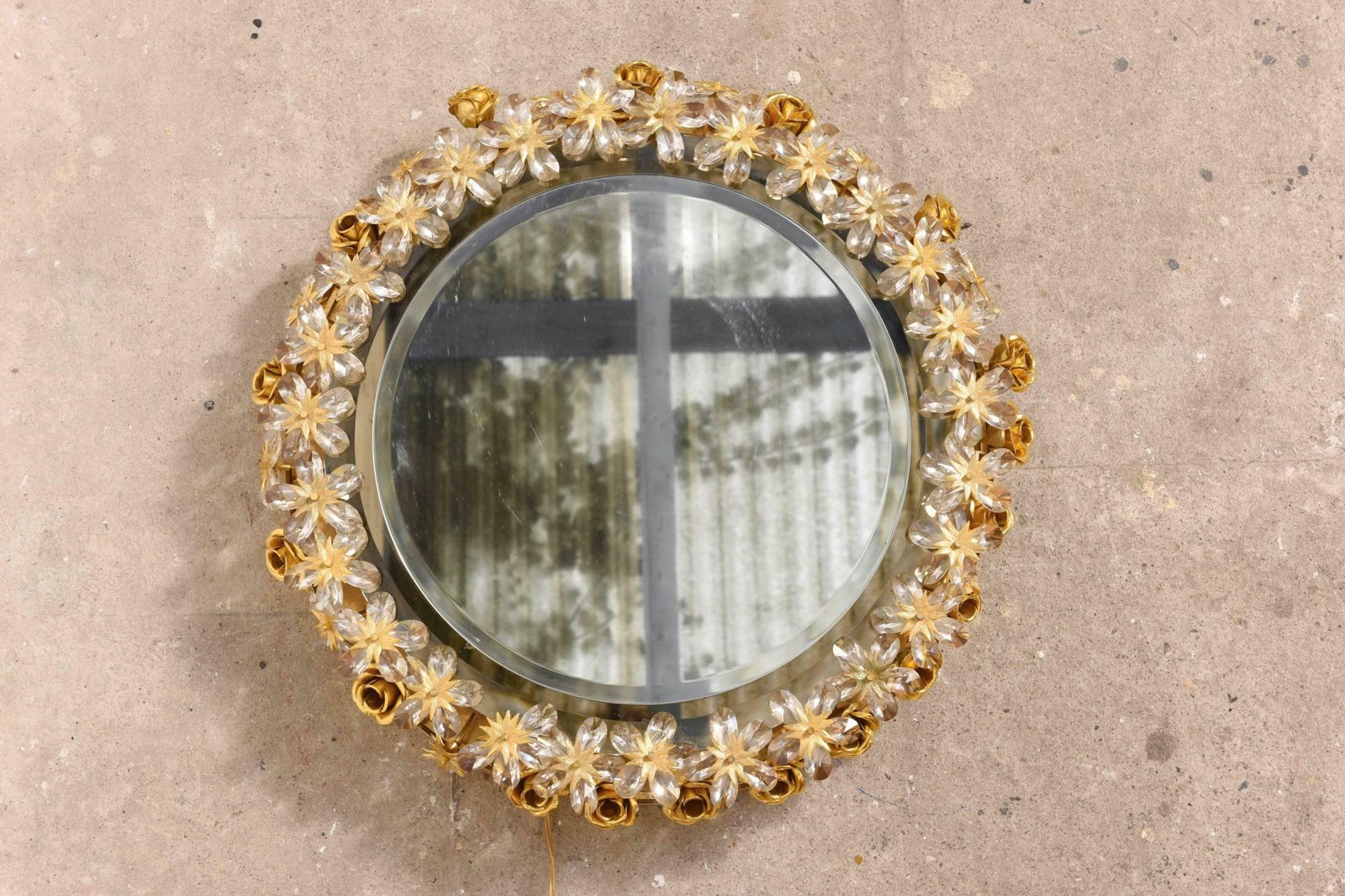 Large Crystal Flowers And Gilt Roses Illuminated Mirror By Palwa photo furniture