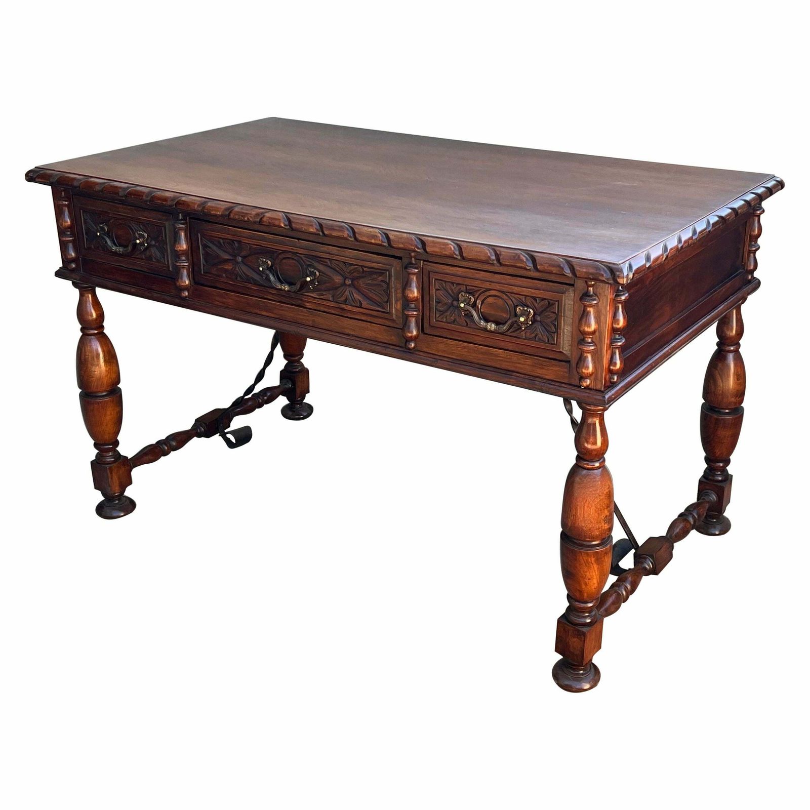 20th Two Sides French Louis XV Style Carved Walnut Desk With Three Drawers