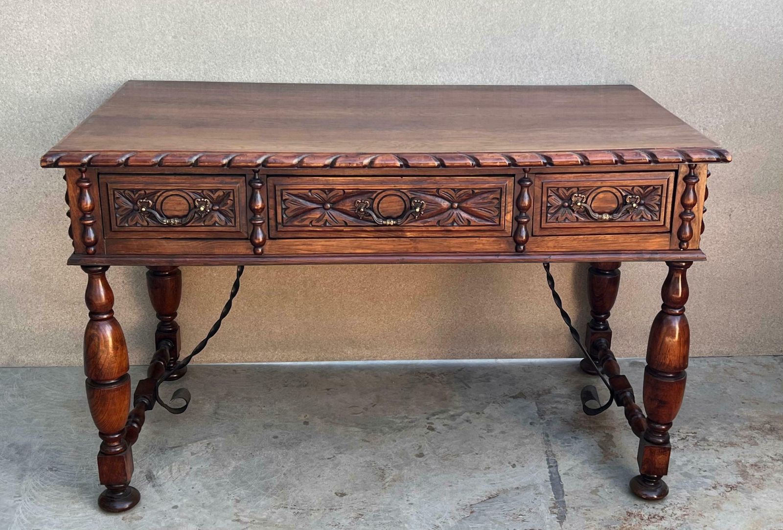 20th Two Sides French Louis XV Style Carved Walnut Desk With Three Drawers photo for sale