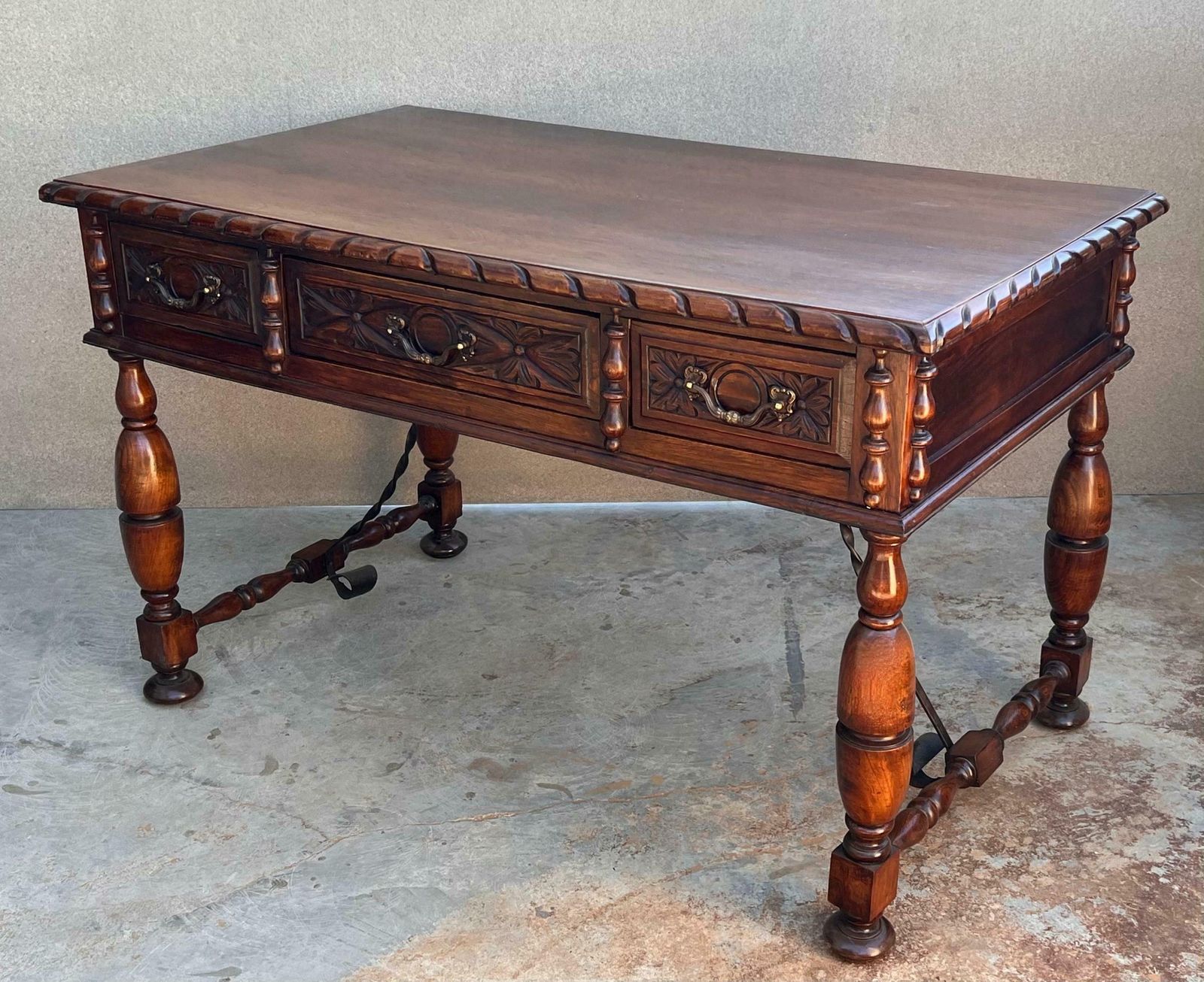 photo furniture 20th Two Sides French Louis XV Style Carved Walnut Desk With Three Drawers