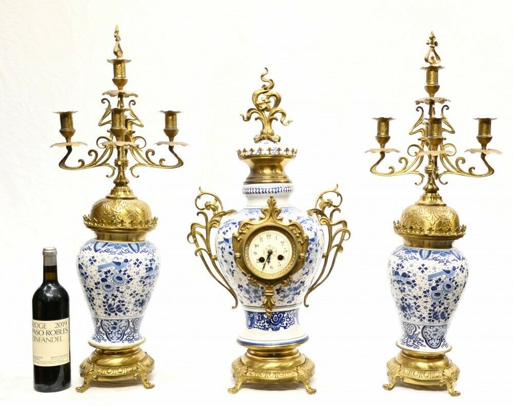 Delft Porcelain Clock Mantle Garniture Gilt Urns