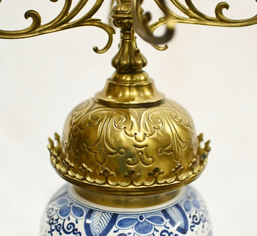 Delft Porcelain Clock Mantle Garniture Gilt Urns photo buy