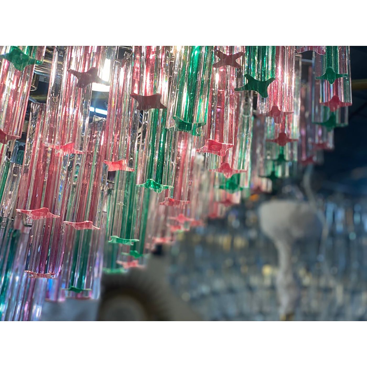 1970s Italian Vintage Green And Pink "Quadriedro" Murano Glass Chandelier photo furniture