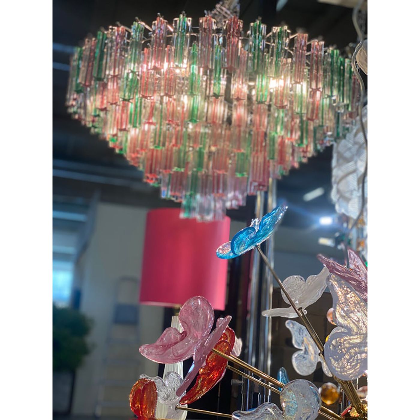 photo furniture 1970s Italian Vintage Green And Pink "Quadriedro" Murano Glass Chandelier
